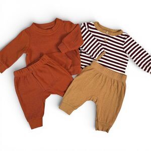 Cat & Jack Baby Boy Newborn 4 Piece Waffle Knit and Striped Outfit Set Rust Tan